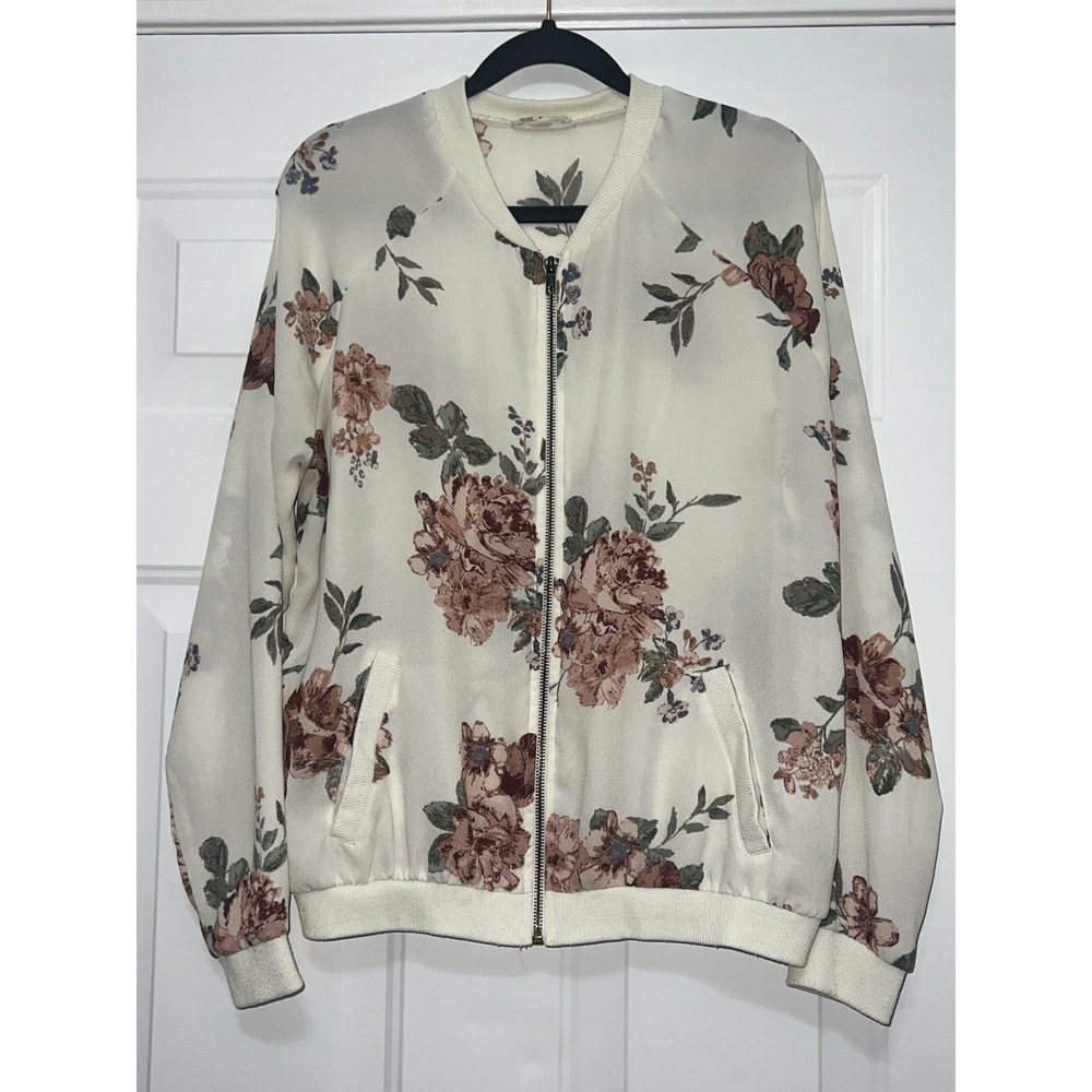 About A Girl Varsity Jacket Size Large Ivory Pink Floral Zip Front Lightweight